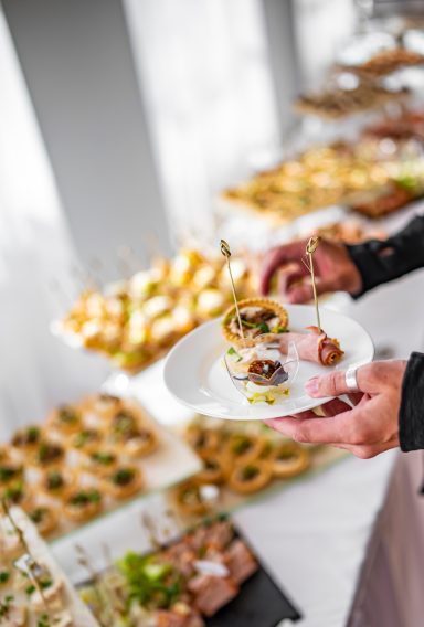 Hochzeit Ein Teller mit feinen Häppchen, gehalten von einer Hand, im Vordergrund ein Buffet.